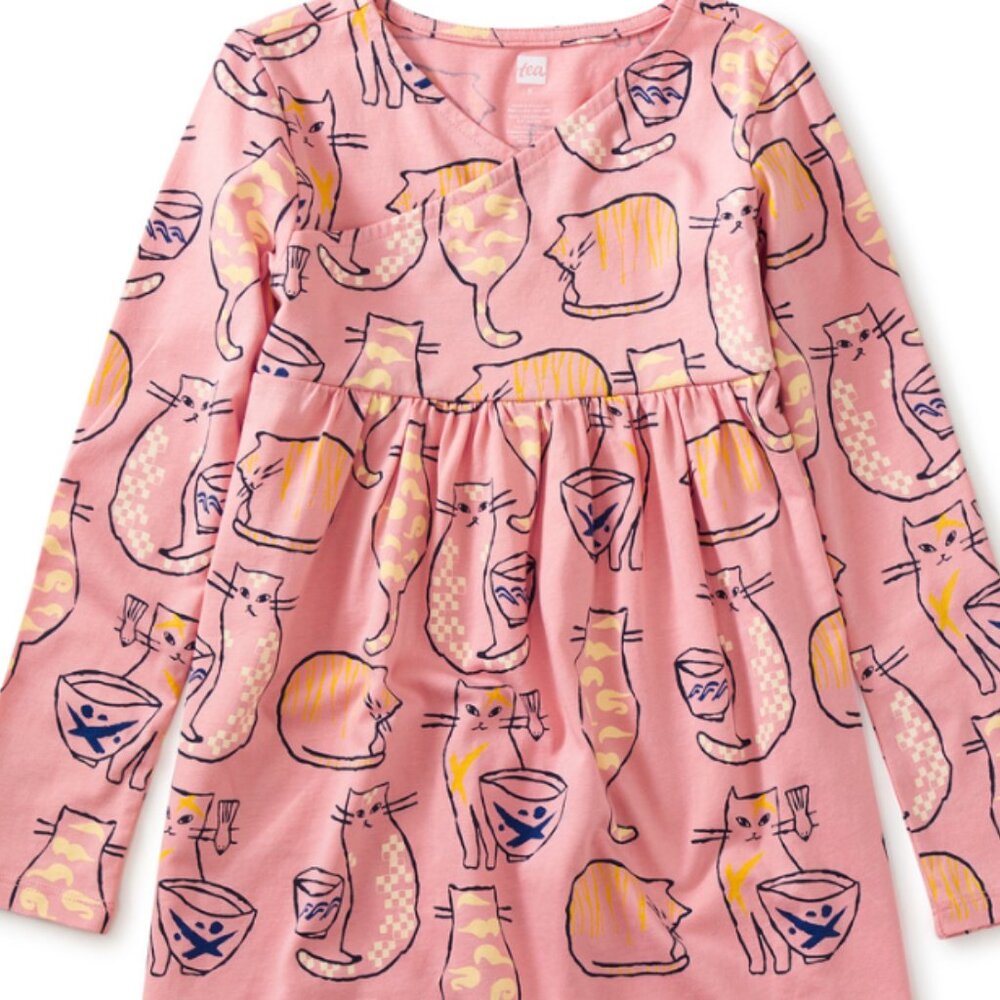 EUC Tea Collection Cats Long Sleeve Wrap Neck Dress size 10